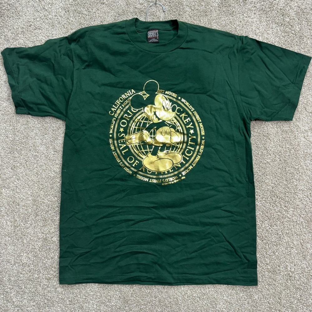 Sherry's Best Mickey Mouse T Shirt Men Large Green Gold Seal of Authenticity USA